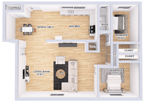 Floor plan for 2 beds, 1 bath, 750 sqft